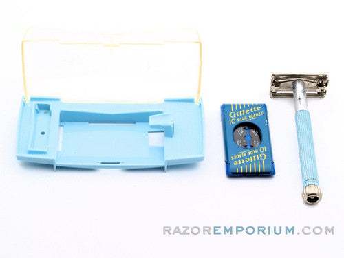 1965 Gillette K3 Blue Star Lady DE Safety Razor w/ Case & Blade Bank