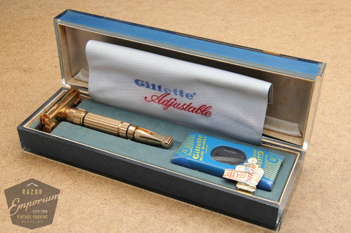 Gillette 1960 Gold Toggle Adjustable DE Safety Razor Set w/ Case & Instructions - F4