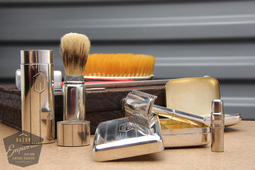 Gillette 1922 New Improved Sterling Silver Travel Combination Set in Brown leather box-RARE