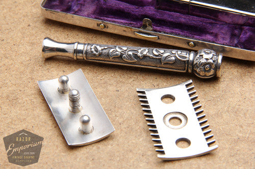 Gillette 1911 Silver ABC Pocket Edition Floral Handle - Old Type Open Comb DE Razor Set