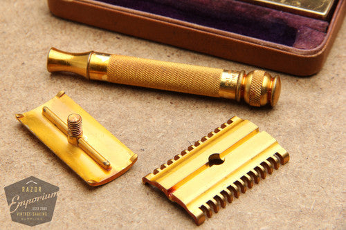 Gillette 1930's Gold Ball End Old Type Style DE Razor in Brown Leather Case