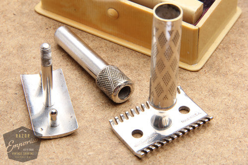 Gillette 1910 Silver New Standard DE Safety Razor in French Ivory Case