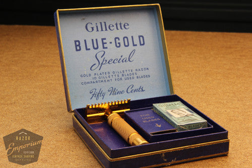 Gillette 1930's Blue-Gold NEW Set - Short Comb DE Razor in Original Box