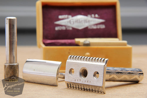 Gillette 1910 Silver New Standard DE Safety Razor in French Ivory Case