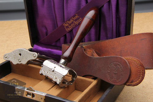 Gem 1912 New Style Single Edge Safety Razor & Strop in Black / Purple Leather Case