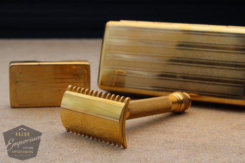 Gillette 1930's Ball End Old Type Style Razor in Gold Pinstripe Case