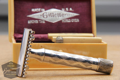 Gillette 1910 Silver New Standard DE Safety Razor in French Ivory Case