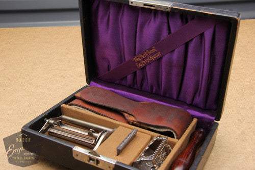 Gem 1912 New Style Single Edge Safety Razor & Strop in Black / Purple Leather Case