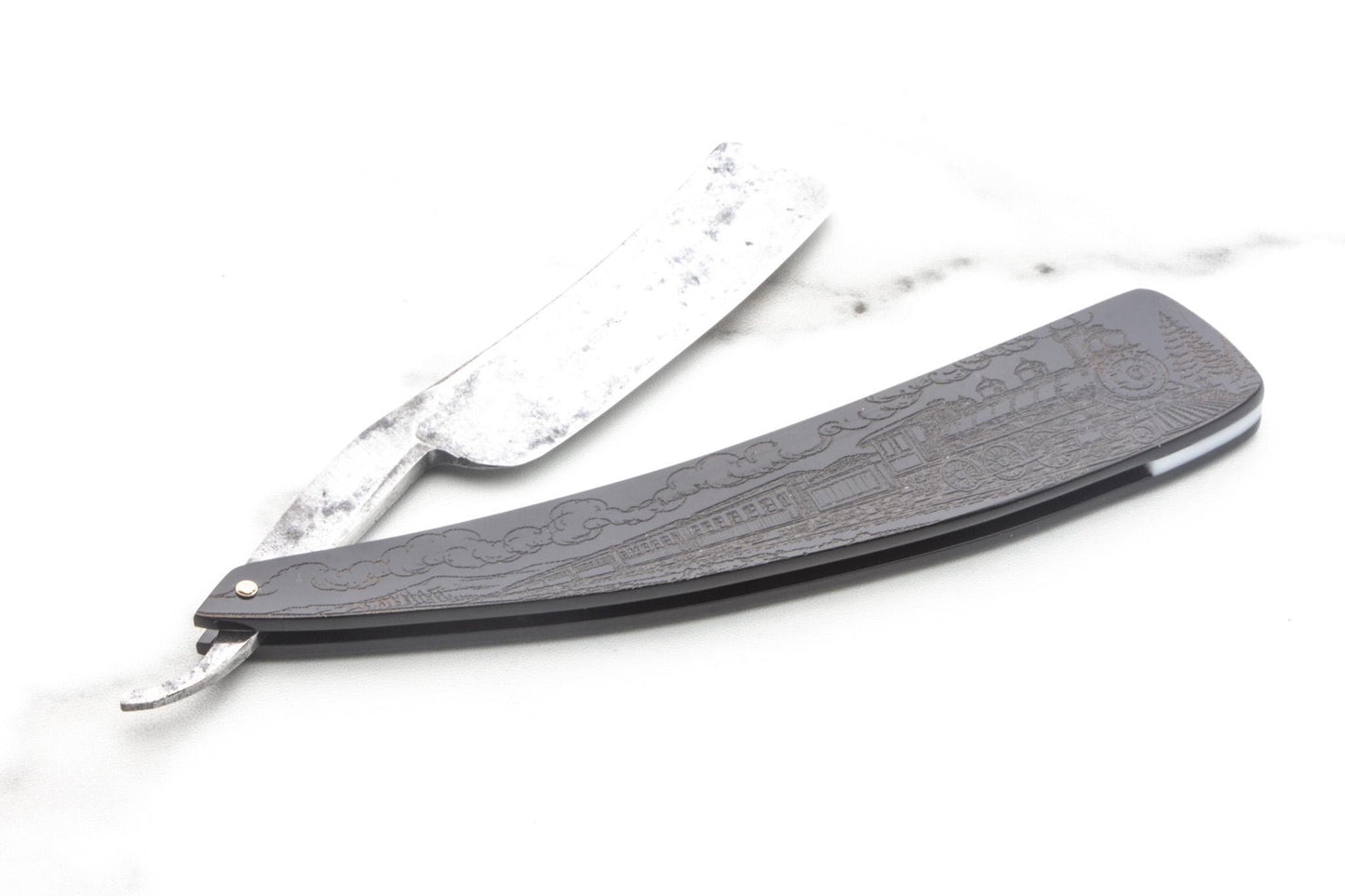 6/8" Vintage Restored Frederick's "Celebrated" Straight Razor With Custom Train Etched Scales