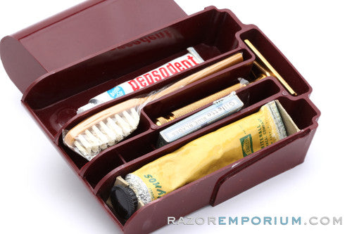 1940's Gillette Gold Ball End Tech 3 Piece Travel Safety Razor Set - Miller Brewing Co. Milwaukee, Wisc. USA