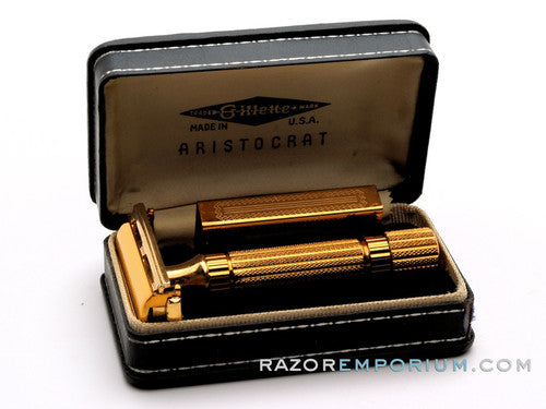 1948-1951 Gillette Aristocrat DE Safety Razor W/ Leather Case & Blade Bank *24K Gold - New Old Stock