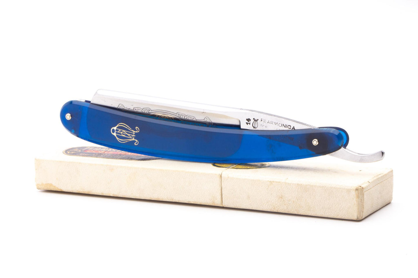 7/8" Filarmonica 14 Doble Temple Jose Monserrat Pou Straight Razor With Transparent Blue Scales