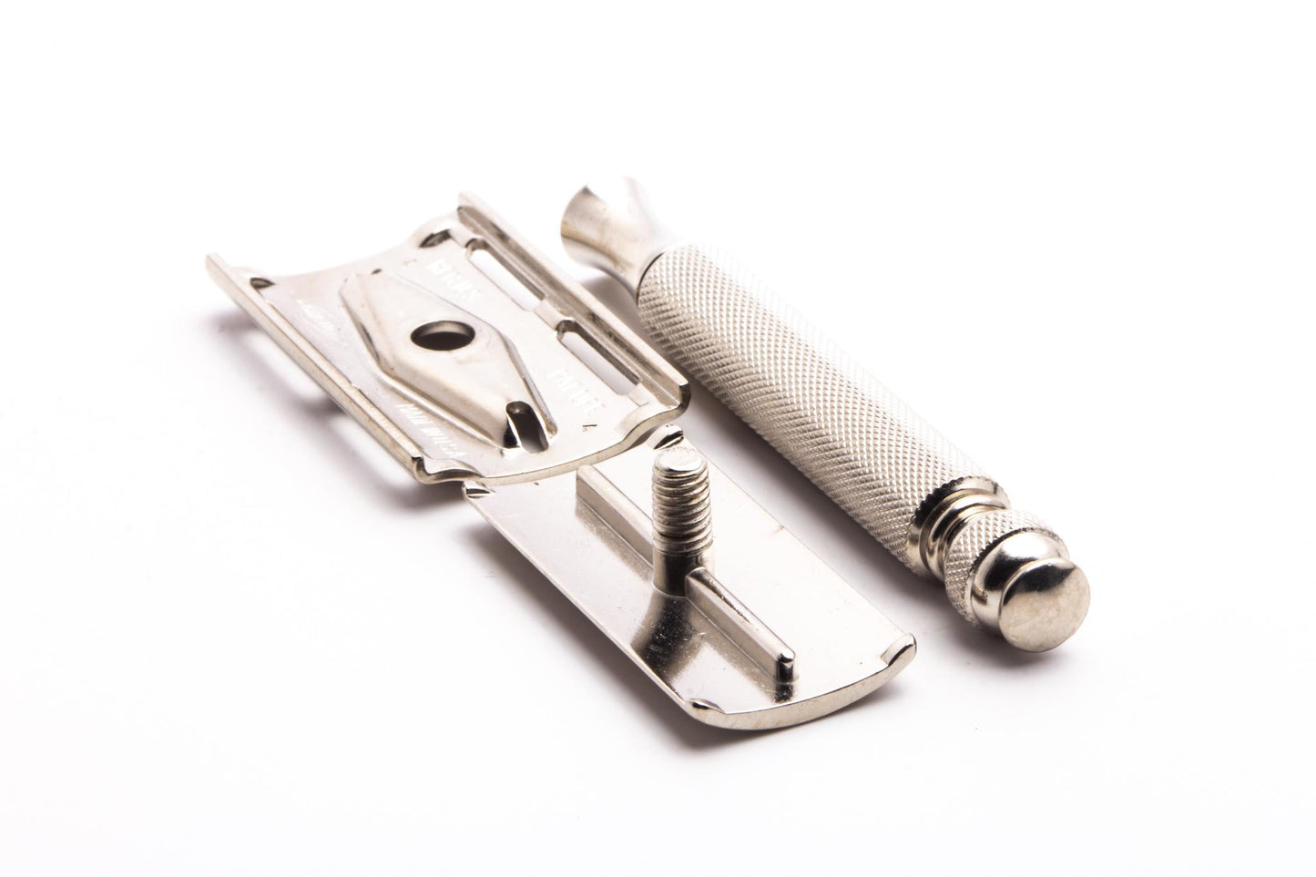 1955 A4 Gillette Ball End Tech Three Piece Double Edge Safety Razor | Factory Nickel Revamp