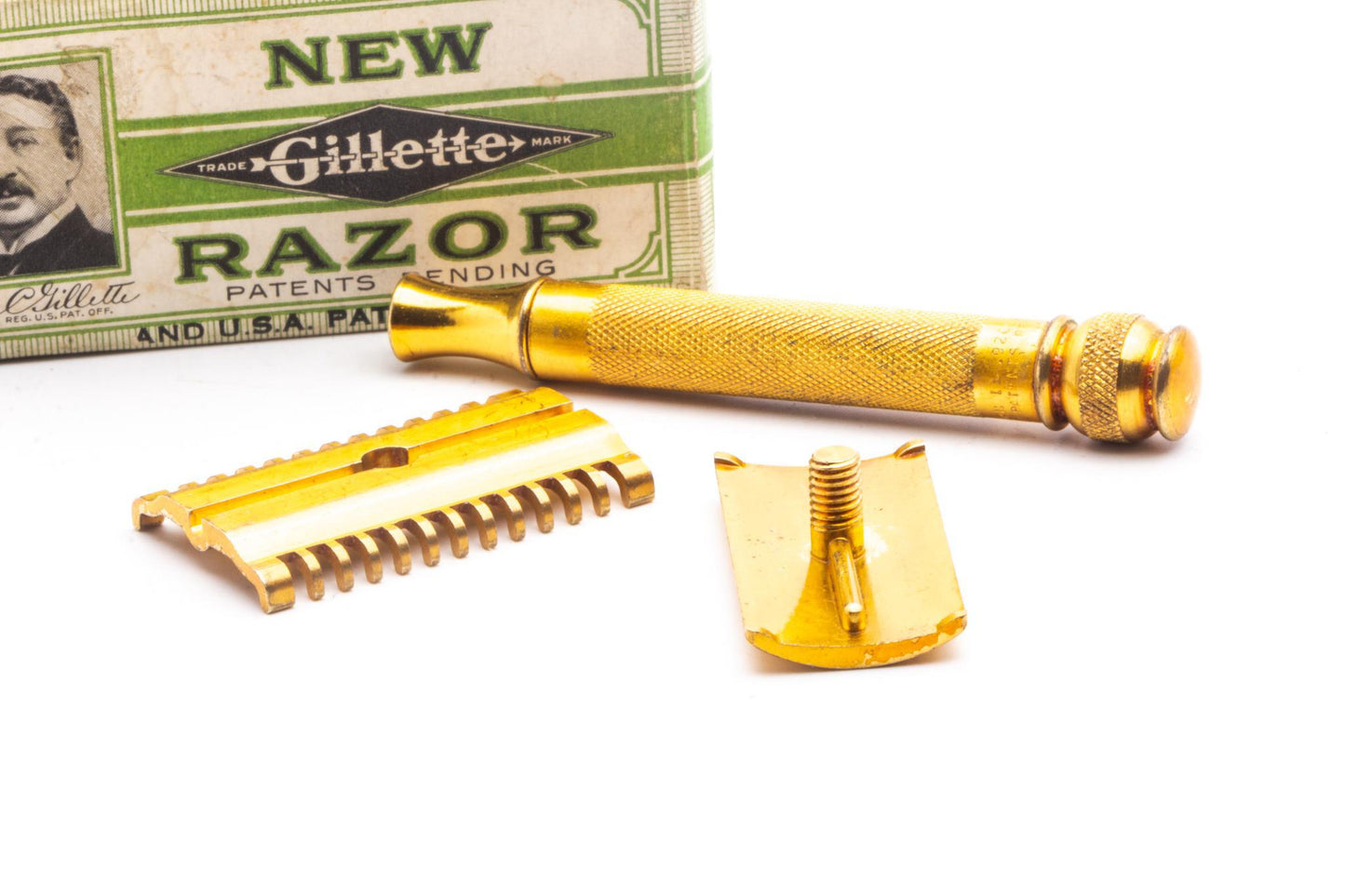 1930's Gillette Gold NEW Long Comb Ball End Double Edge Safety Razor Set | Original Condition