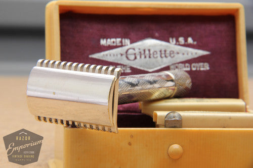 Gillette 1910 Silver New Standard DE Safety Razor in French Ivory Case
