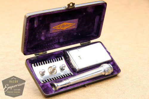 Gillette 1910 Silver ABC Pocket Edition Lined Handle - Old Type Open Comb DE Razor Set