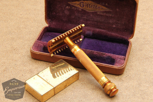 Gillette 1930's Gold Ball End Old Type Style DE Razor in Brown Leather Case