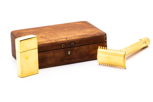 1920 Gillette Big Fellow Double Edge Safety Razor Set in Original Wooden Case w/ Gold Blade Bank