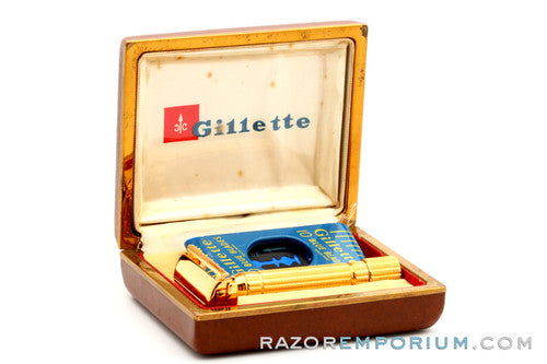 1956 Gillette B3 Diplomat Safety Razor w/ Leather Case and Original Blade Dispenser Original 24K Gold