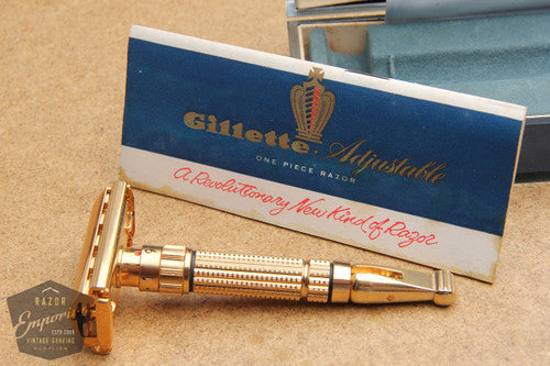 Gillette 1960 Gold Toggle Adjustable DE Safety Razor Set w/ Case & Instructions - F4