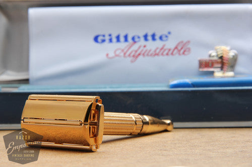Gillette 1960 Gold Toggle Adjustable DE Safety Razor Set with Case & Instructions - F4