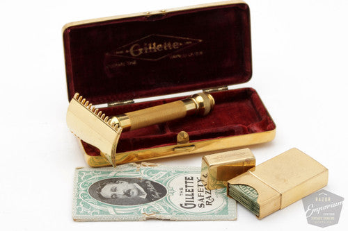 1917 Gillette Floral Pocket Edition Old Type Open Comb DE Razor Set