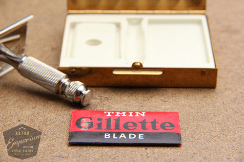 Gillette 1966 Ball End Tech Razor w/ Etched Logo Cap in gold case -L1