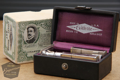 Gillette 1917 Single Ring Old Type Set in Leather Case w/ Blade Banks