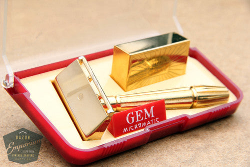 Gem 1940's Gold Micromatic "Bullet Tip" Single Edge Safety Razor in Red Case