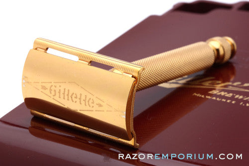 1940's Gillette Gold Ball End Tech 3 Piece Travel Safety Razor Set - Miller Brewing Co. Milwaukee, Wisc. USA