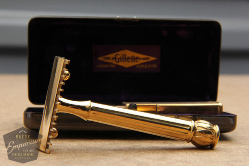 Gillette 1912 Gold ABC Pocket Edition Lined Handle - Old Type Open Comb DE Razor - NOS