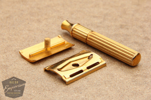 Gillette 1940's Gold Fat Handle Tech 3 Piece Safety Razor