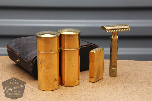 Gillette 1920s Vintage DE Traveler Set in Black Leather- Gold- RARE