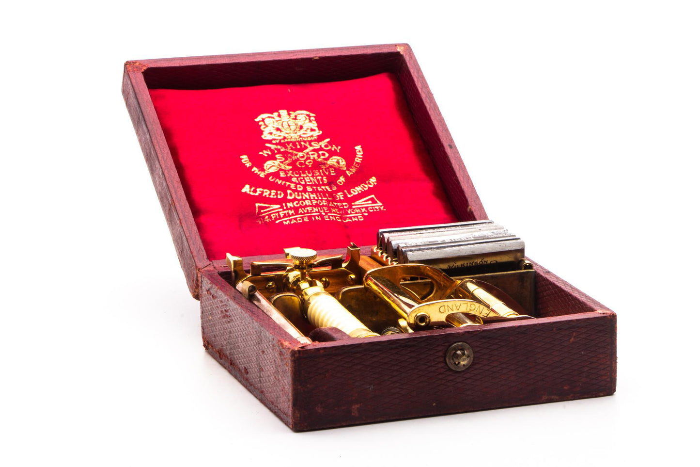1920's Wilkinson Sword Co. 7 Day Model Safety Razor Set With Red Leather Case | Original Condition