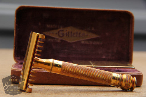 Gillette 1930's Gold Ball End Old Type Style DE Razor in Brown Leather Case