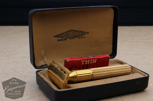 Gillette 1940's Gold Fat Handle Tech Razor in Black Leather Box