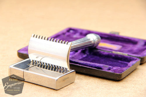 Gillette 1910 Silver ABC Pocket Edition Lined Handle - Old Type Open Comb DE Razor Set