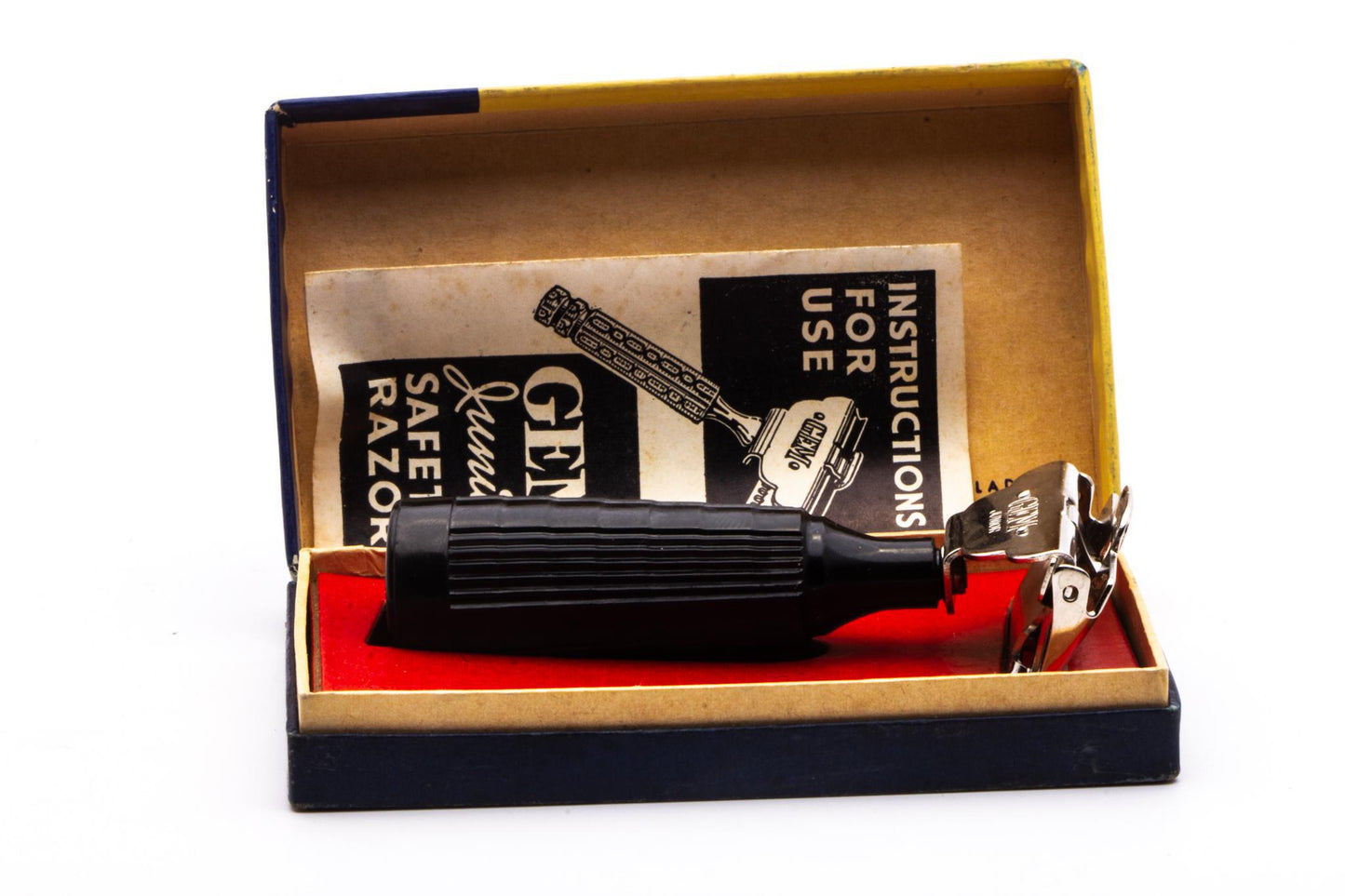 1940's Gem Junior Black Fat Handle Single Edge Safety Razor Set | Original Condition