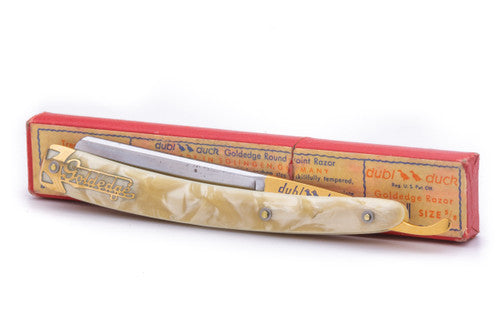 5/8" Dubl Duck Pearlduck Goldedge + Gold Inlay Celluloid Scales Straight Razor | Solingen, Germany
