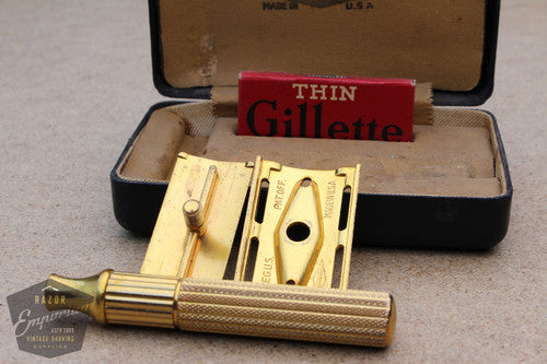 Gillette 1940's Gold Fat Handle Tech Razor in Black Leather Box