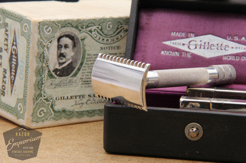 Gillette 1917 Single Ring Old Type Set in Leather Case w/ Blade Banks