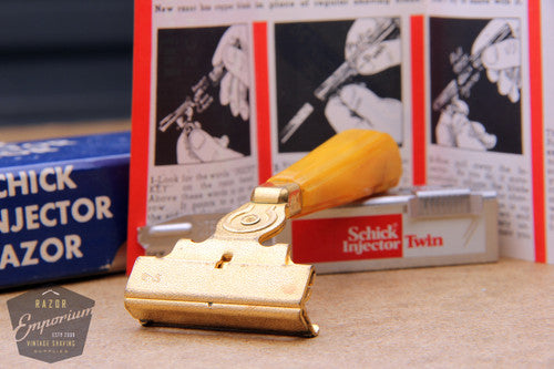 Schick 1950's Gold Injector w/ Yellow Bakelite Handle & Orig. Box