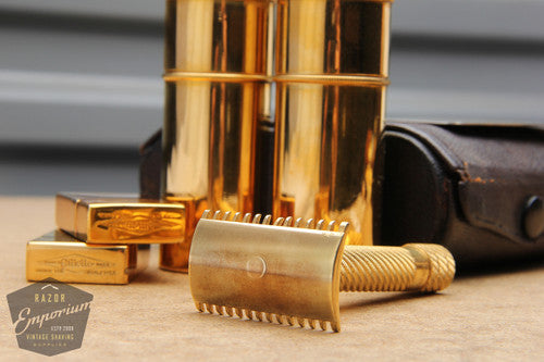 Gillette 1919 Gold Bulldog Travel Single Ring Combination Set in Original Black Leather Case