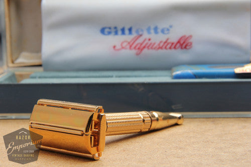 Gillette 1960 Gold Toggle Adjustable DE Safety Razor Set w/ Case & Instructions - F4
