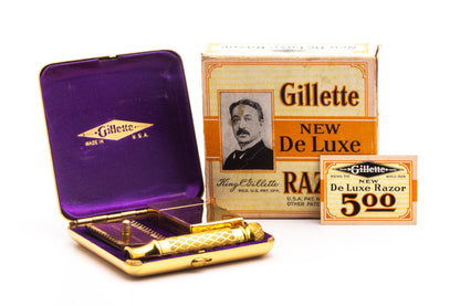 1930's Gillette Gold NEW Deluxe Norfolk Tuckaway Double Edge Safety Razor Set | Original Condition