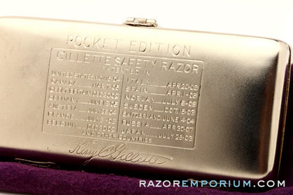 1909 Gillette Silver ABC Pocket Edition Greek Handle Old Type Shell Open Comb DE Razor Set