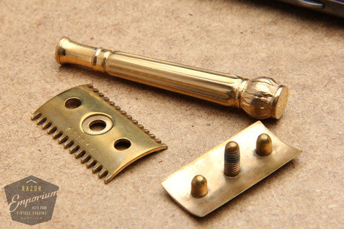 Gillette 1909 Gold ABC Pocket Edition Lined Handle - Old Type Open Comb DE Razor Set