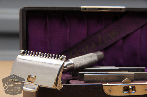Gem de Luxe 1912 Style Single Edge Safety Razor in Black / Purple Leather Case