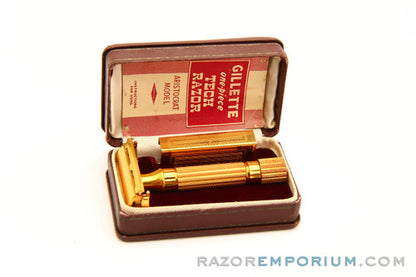 1940's Gillette Gold Aristocrat Double Edge in Maroon Case w/ Box Excellent