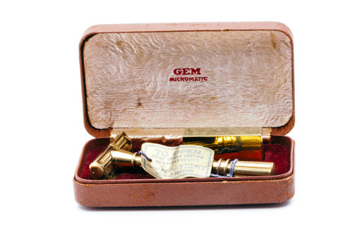 Gem 1940's Micromatic Gold Clog Pruf Single Edge Safety Razor w/ Brown Case and Blade Bank